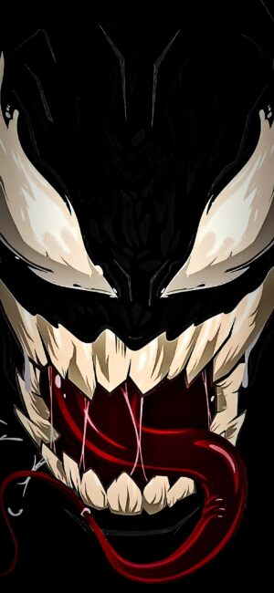 Venom 4K wallpaper for mobile | Features large teeth, long tongue, sinister grin | Dark & edgy style with black, red, white tones.