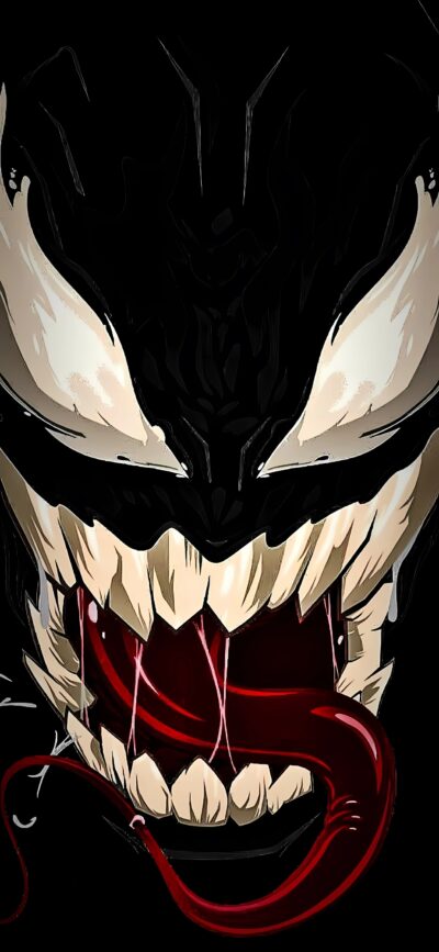 Venom 4K wallpaper for mobile | Features large teeth, long tongue, sinister grin | Dark & edgy style with black, red, white tones.