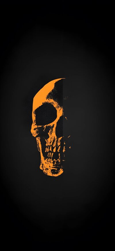 Abstract skull design in orange on black background for a bold, eerie effect. Perfect for dark-themed art lovers. | 4K Wallpaper for Mobile