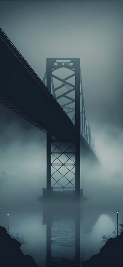 'Bridge in dense fog | Gray, black & blue tones | Mysterious & serene urban landscape | For Mobile | 4K Wallpaper'