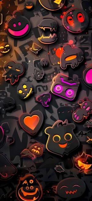 Cartoon-style emoji characters with glowing edges on a dark background, perfect for Halloween | 4K Wallpaper for Mobile