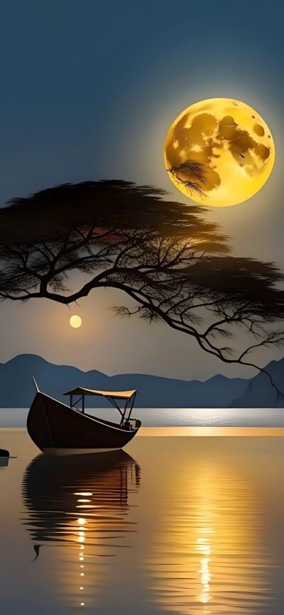 Serene night scene with full moon over lake, boat, and tree silhouette. Perfect for nature lovers. | 4K Wallpaper for Mobile