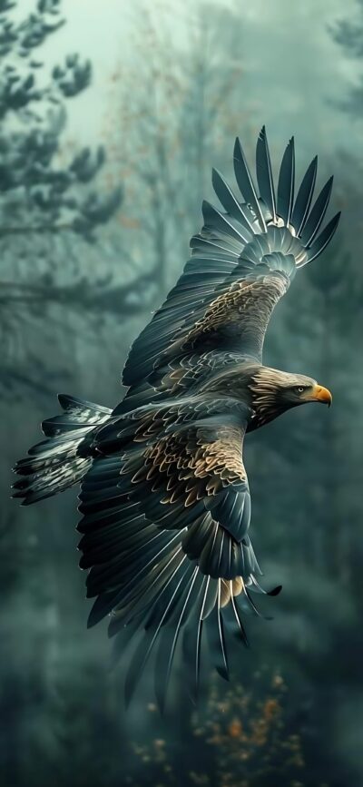 Majestic eagle soaring in misty forest with detailed feathers and sharp gaze | Green, brown, gray tones | 4K Wallpaper for Mobile