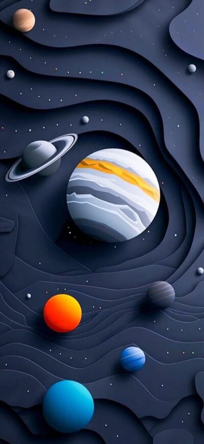 Stylized cosmic space theme with Saturn's rings and colorful planets on dark background. | 4K Wallpaper for Mobile