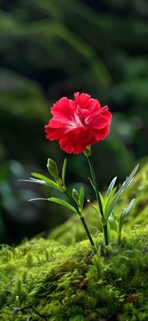 Vibrant red carnation with lush green foliage in a serene setting captures nature's beauty. | 4K Wallpaper for Mobile