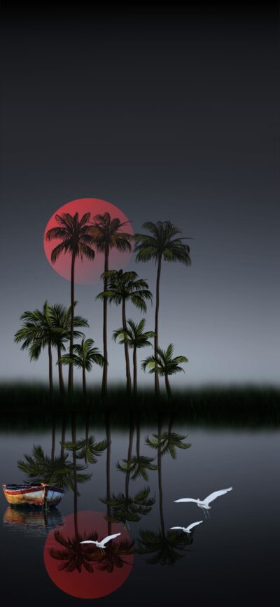 Serene palm trees reflect in still water with a small boat, two birds, and a dramatic red sun | 4K Wallpaper for Mobile