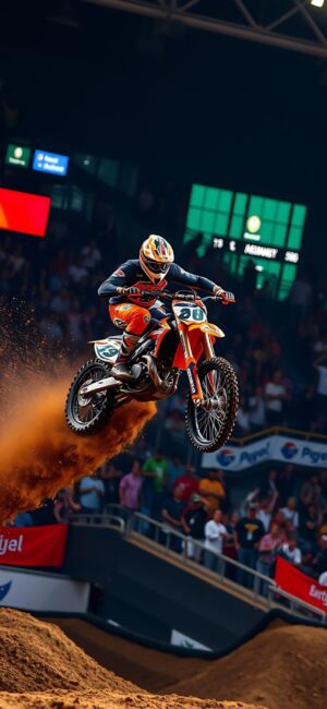 Motorcyclist jumps orange dirt bike indoors, dynamic dirt burst in stadium with crowd | 4K Wallpaper, for Mobile | Orange, Black, Brown