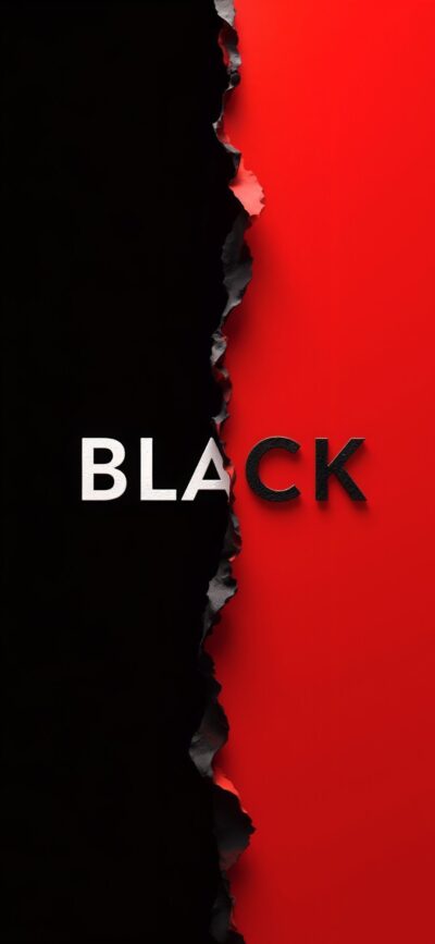 Black and Red Split Design with 'BLACK' Text, Torn Paper Effect | 4K Wallpaper for Mobile