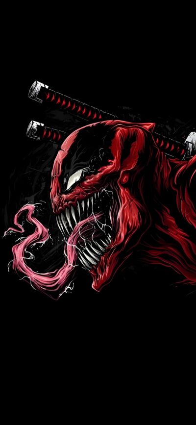 Venom and Deadpool fusion with red hues and katanas creates a dark, comic book vibe | 4K Wallpaper, for Mobile.