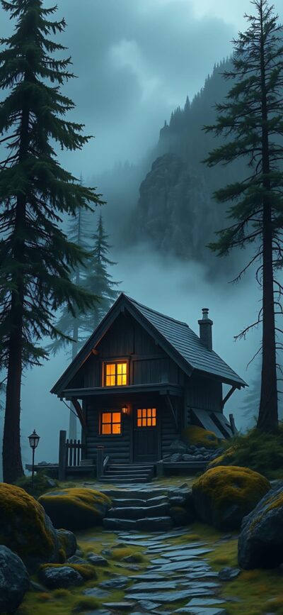 Cozy cabin in a misty forest with warm-lit windows, tall pines, fog-covered mountains | 4K Wallpaper, for Mobile