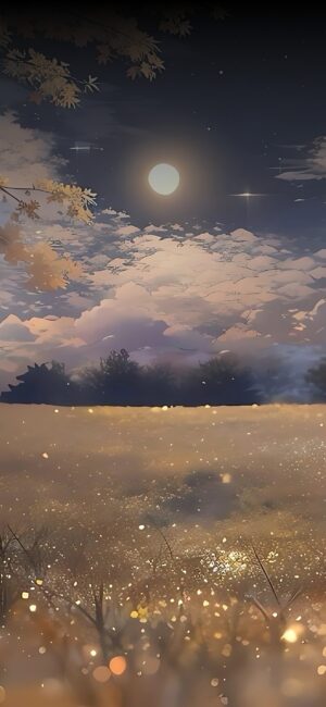 Serene nighttime landscape with full moon and shimmering lights over a grassy field. | 4K Wallpaper for Mobile | Dark, Gold, Blue