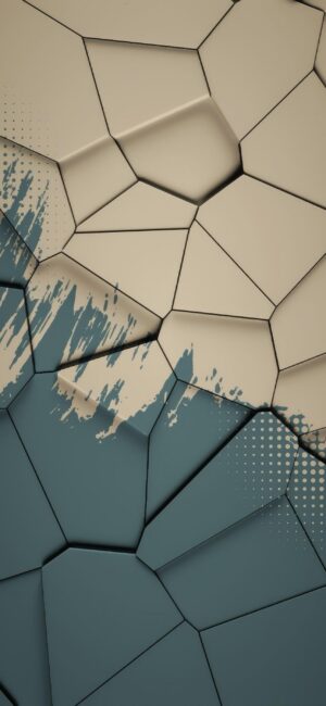 Abstract geometric pattern wallpaper with textured beige and teal polygons featuring splash and dotted effects | 4K Wallpaper for Mobile