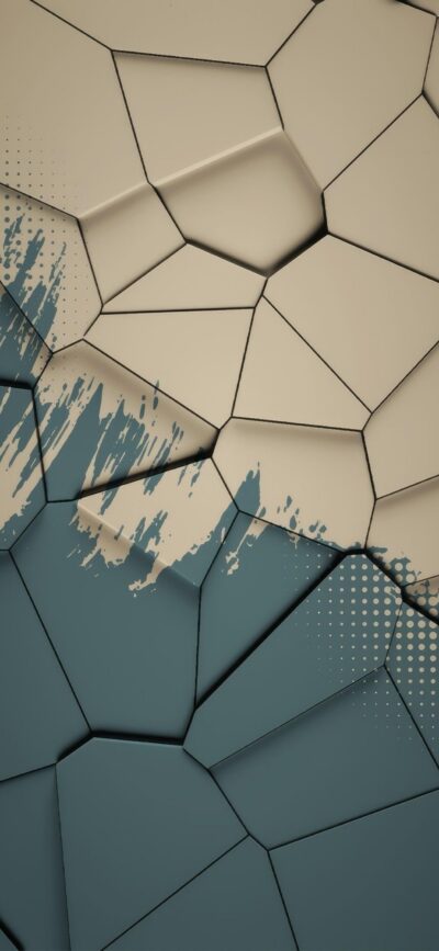 Abstract geometric pattern wallpaper with textured beige and teal polygons featuring splash and dotted effects | 4K Wallpaper for Mobile