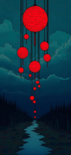 Surreal landscape with red lanterns in a dark night sky, silhouetted forest, and reflective river. Vibrant and mystical. | 4K Wallpaper for Mobile