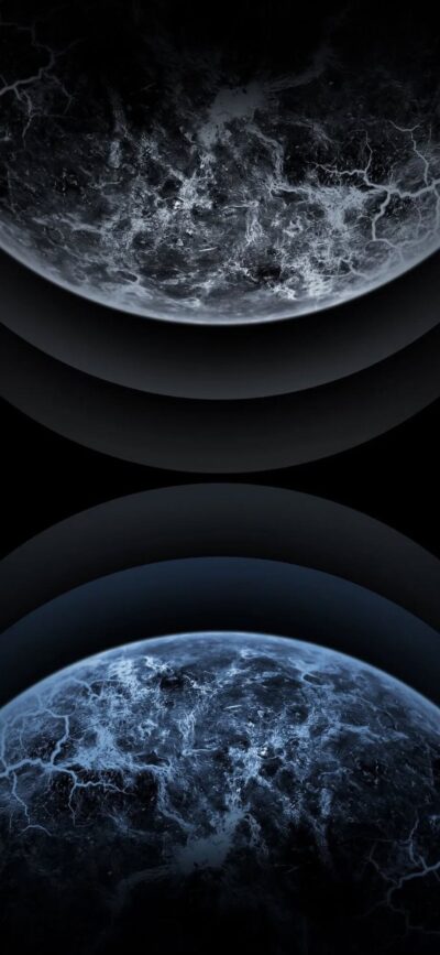 Cosmic-themed 4K wallpaper featuring celestial spheres with dark, electrifying textures on a black background for mobile.