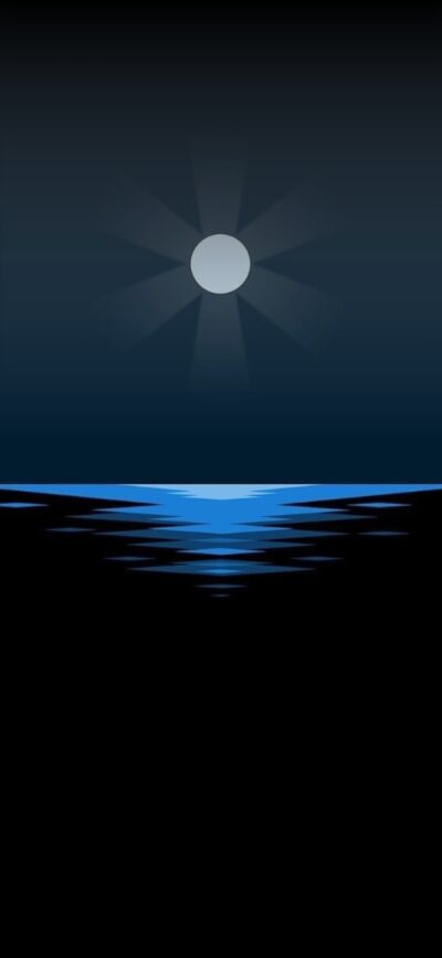 Serene night ocean with moon's reflection, minimalist design | Black, Blue & White | Night Sky & Ocean Themes | 4K Wallpaper for Mobile