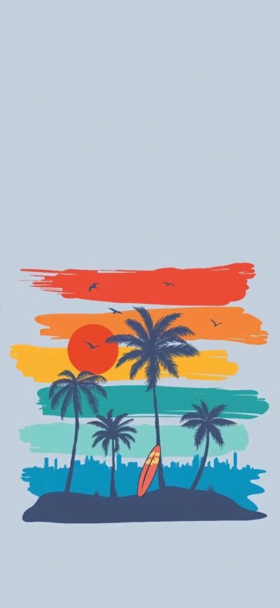 Vibrant beach scene with silhouetted palm trees, sunset, and skyline. Colorful brush strokes and birds | 4K Wallpaper for Mobile