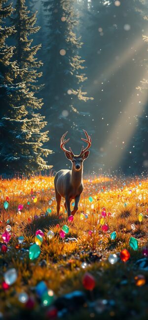 Serene woodland scene with a deer and colorful gemstones in a sunlit pine forest, creating a magical atmosphere. | 4K Wallpaper | for Mobile