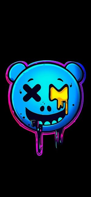 Neon abstract bear face with psychedelic, graffiti style on black background; vibrant blue, purple, and yellow | 4K Wallpaper for Mobile