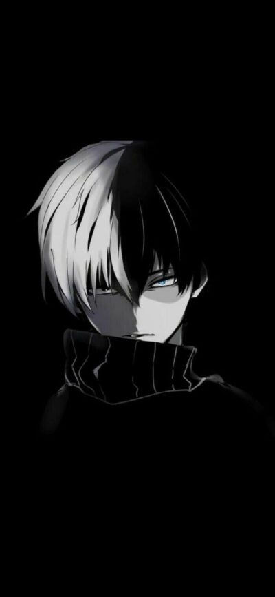 Anime character with black and white hair on a dark background | 4K Wallpaper for Mobile | Black, White, Anime, Character, Dark