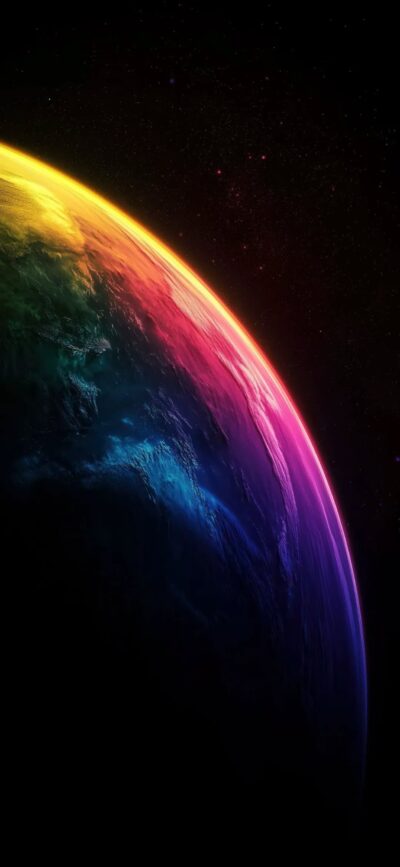 Vibrant rainbow gradient planet wallpaper in orange, red, pink, purple, blue on dark space background for Mobile | 4K Wallpaper