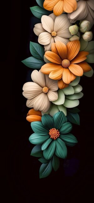 Flowers in orange, cream, teal, with green leaves on dark background for elegant contrast | 4K Wallpaper for Mobile