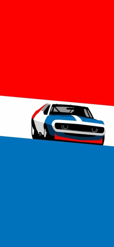 Stylized racing car on red, white, blue stripes; bold modern design for mobile | 4K Wallpaper | Red, White, Blue Theme