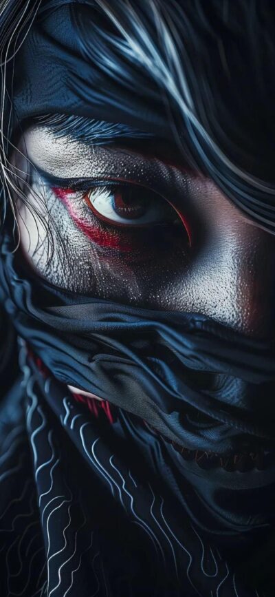 Masked character close-up with intense eye, dark and metallic textures, enigmatic vibe | Black, red, gray | 4K Wallpaper for Mobile