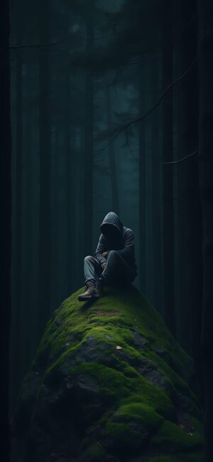 Mysterious figure in hoodie on mossy rock in dark forest, surrounded by shadows and tall trees | 4K Wallpaper for Mobile