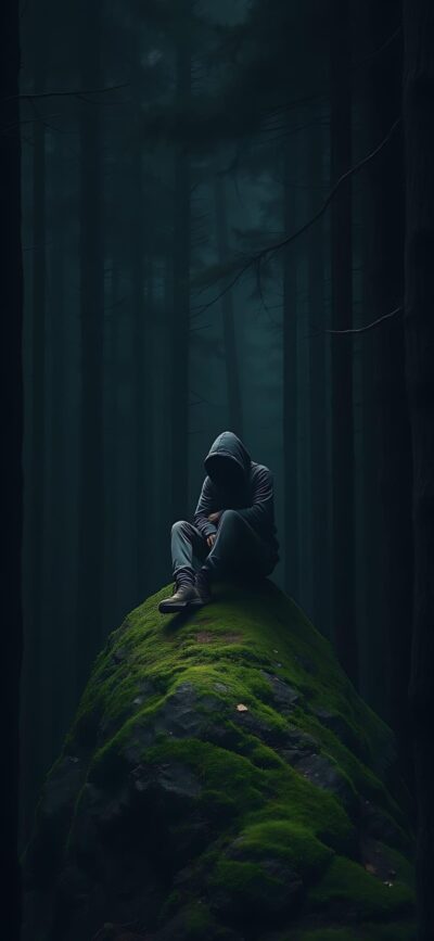 Mysterious figure in hoodie on mossy rock in dark forest, surrounded by shadows and tall trees | 4K Wallpaper for Mobile