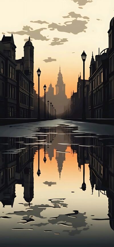 Cityscape at dusk with ornate lampposts, wet pavement reflections, and a distant castle silhouette. Warm orange and gray hues. | 4K Wallpaper for Mobile