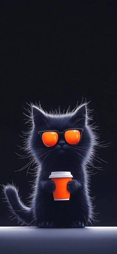 Cute black cat with orange sunglasses and coffee cup against dark background | 4K Wallpaper, for Mobile | Black, Orange tones