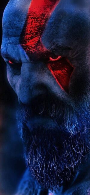 Kratos with iconic red tattoo in a dark, moody setting. Intense persona and mythical themes | 4K Wallpaper, for Mobile.