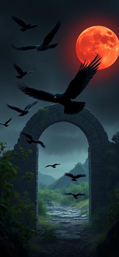 Alt: Mysterious scene of black crows flying near an ancient stone archway under a red moon in a moody landscape | 4K Wallpaper for Mobile