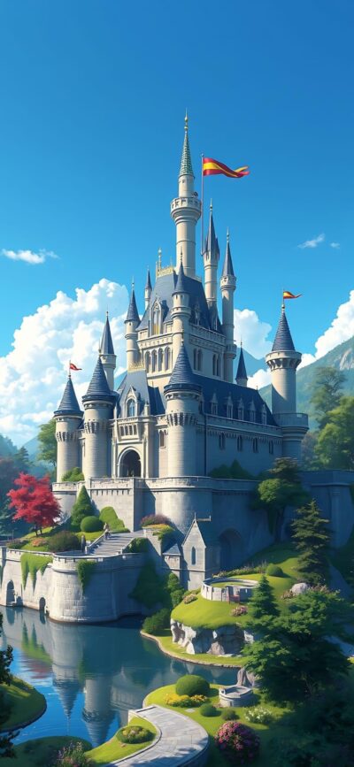 Majestic fairytale castle amidst lush greenery and waterway under blue skies with white clouds | 4K Wallpaper for Mobile