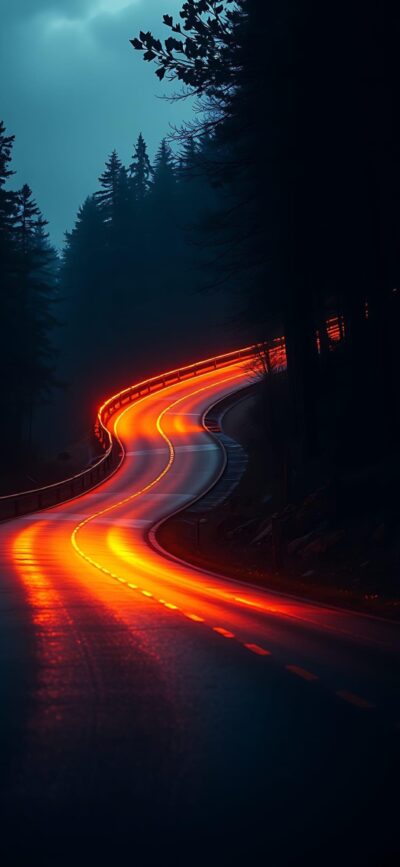 Winding road lit by vibrant orange lights through a dark forest, evoking mystery and adventure | 4K Wallpaper, for Mobile