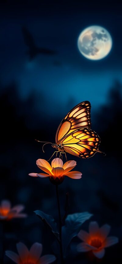 Butterfly on glowing flower under moonlight, creating a serene, magical scene with nature and fantasy elements | 4K Wallpaper for Mobile