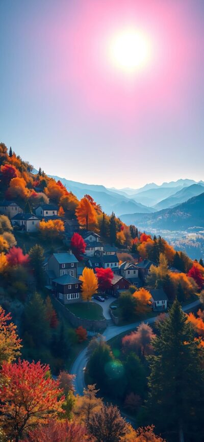 Idyllic mountain village with vibrant autumn foliage in red, orange, and yellow, sunlit scene | 4K Wallpaper for Mobile