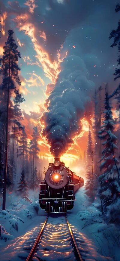 Majestic steam train in snowy forest at sunset with blue, orange, black hues | 4K Wallpaper for Mobile