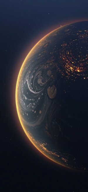 Planet view from space with city lights, glowing edge, starry backdrop | Black, Orange | 4K Wallpaper for Mobile