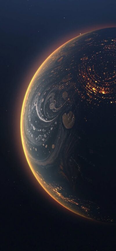 Planet view from space with city lights, glowing edge, starry backdrop | Black, Orange | 4K Wallpaper for Mobile