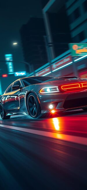 Futuristic car racing through a neon-lit cityscape at night, capturing speed and excitement in blue, red, and black hues | 4K Wallpaper, for Mobile