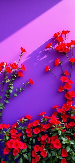 Vibrant red flowers on a purple background, highlighting light and shadow contrasts. Perfect for a lively mobile display | 4K Wallpaper.