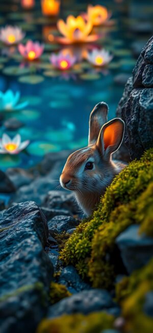 Cute rabbit among rocks, moss, and glowing water lilies in a serene pond at night | 4K Wallpaper for Mobile