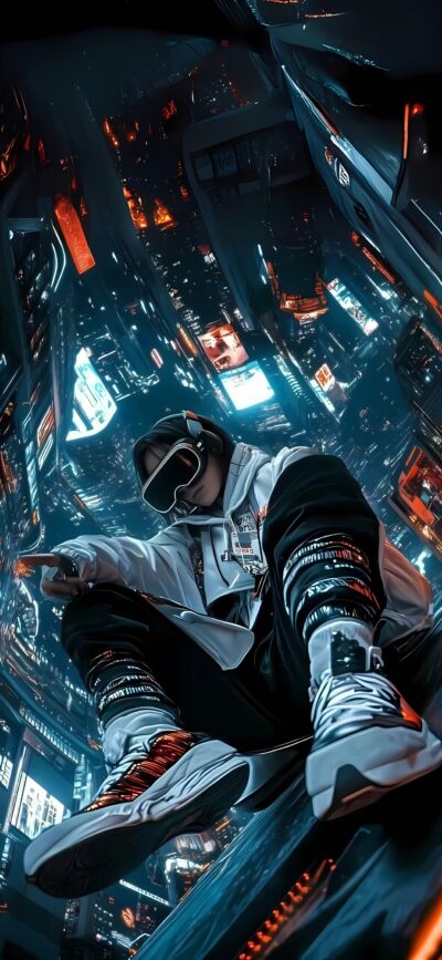 Futuristic urban scene with person in VR goggles, neon-lit skyscrapers, cyberpunk vibe | 4K Wallpaper for Mobile