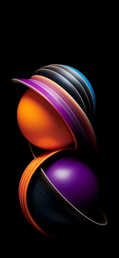 Abstract design with colorful spheres and interlocking circles on black | Vibrant orange, purple, blue | 4K Wallpaper for Mobile