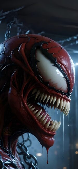 Carnage in his red and black symbiote form with sharp teeth and chains background | 4K Wallpaper for Mobile | Marvel | Dark | Red