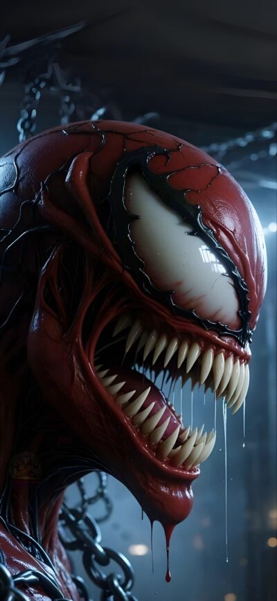 Carnage in his red and black symbiote form with sharp teeth and chains background | 4K Wallpaper for Mobile | Marvel | Dark | Red