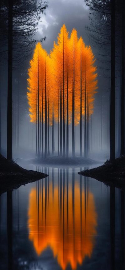 Orange trees reflect on a calm lake amidst a misty forest creating a surreal vibe | 4K Wallpaper | For Mobile