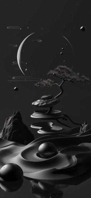 'Surreal monochrome landscape with abstract tree, spheres, and cosmic elements; futuristic and serene. | 4K Wallpaper | for Mobile'